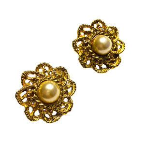 Vintage Clip On Earrings Gold Surround Style Rounds Faux Pearl Beads 1980's Chic